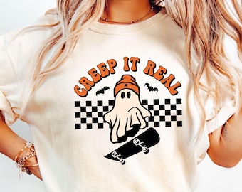 Comfort Colors Creep It Real Shirt: Skateboard Witch, Retro Halloween