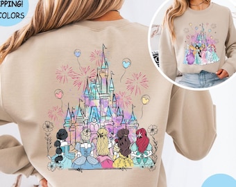 Disney Watercolor Castle Princess characters Sweatshirt, Custom Disney Girl Trip Hoodie, Disney Princess Birthday Girl, Girls Holiday shirt