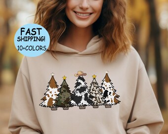 Cowhide Christmas Trees Hoodie, Cows Farm Xmas Tee