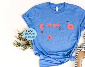 Watercolor Poppy Flowers T-Shirt: Vintage Floral Tee, Nature Gift