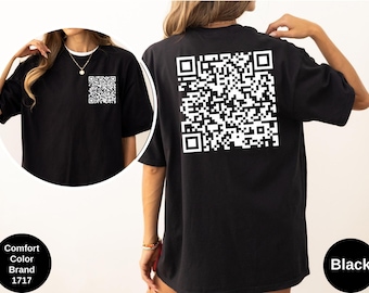 May include: Black t-shirt with a white QR code printed on the front and back. The shirt is a Comfort Color Brand 1717. The shirt is black.