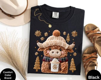 Comfort Colors Faux Crochet Christmas Cow Shirt: Winter Season Holiday Tee, Hot Cocoa T-Shirt