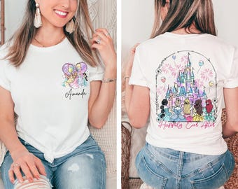 Custom Disney Watercolor Castle Princess characters Shirt, Custom Disney Girl Trip Shirt, Named Disney Princess Castle Birthday Girl Shirt