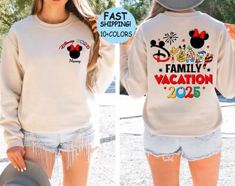 Sudadera personalizada de Disney Family Vacation 2025, sudadera con capucha personalizada con el nombre de Minnie para el viaje familiar, camiseta de viaje de la tripulación de Disneyland, camiseta de aventura de Disney World
