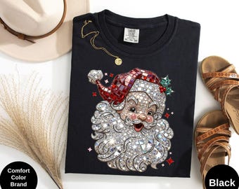 Retro Santa Faux Rhinestone Comfort Colors Shirt: Jeweled Xmas Tee Faux Crystal Mosaic DTF Print