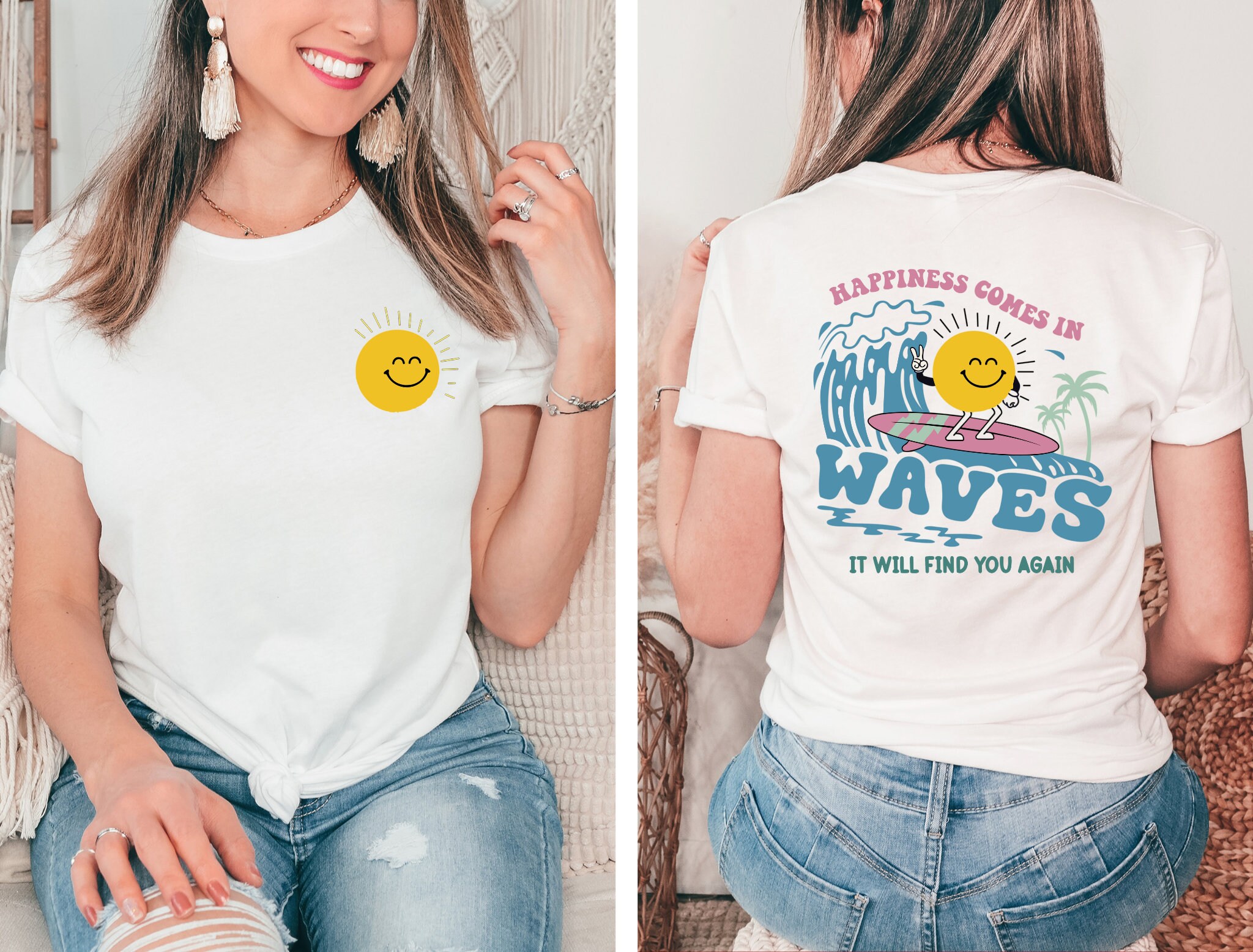 Happiness Comes in Waves Shirt, Sunny Summer Shirt, Summer Shirt,vacation  Shirt, Beach Shirt, Aesthetic Sun Shirt, Front and Back Summer Tee - Etsy  Canada