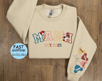 Sudadera Disney Retro Mama Est. 2025 personalizada, sudadera con capucha Minnie Mom, camiseta personalizada con el nombre del niño en la manga, camiseta del Día de la Madre