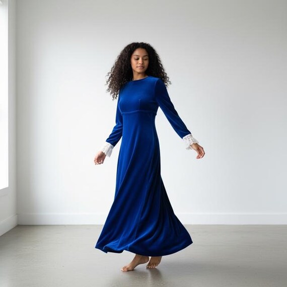 royal blue long sleeve lace dress Vintage Lorrie Deb Royal Blue Long Sleeve Velvet Dress With Lace Cuffs -  Size 4