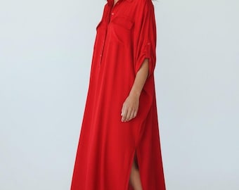 Carolina Herrera CH Red Silk Kaftan Shirt Dress with Side Slit - L/XL