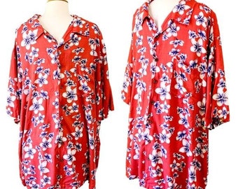 Vintage Floral Red Blue Hawaiian Shirt - 2XLT