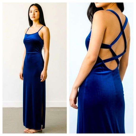 1990s blue velvet evening dress 90s Evening Pantagis Black Velvet Dress with Blue Off the shoulder Collar  Size M main image 0