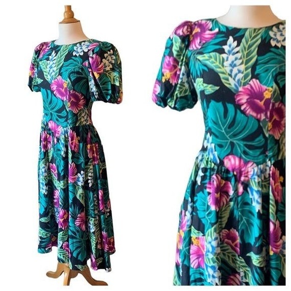 RARE Vintage 1980s Puff Sleeve Midi Hawaiian Dres… - image 3