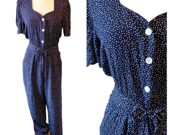 Vintage jaren 1980 marineblauwe polka dot jumpsuit romper - maat 10