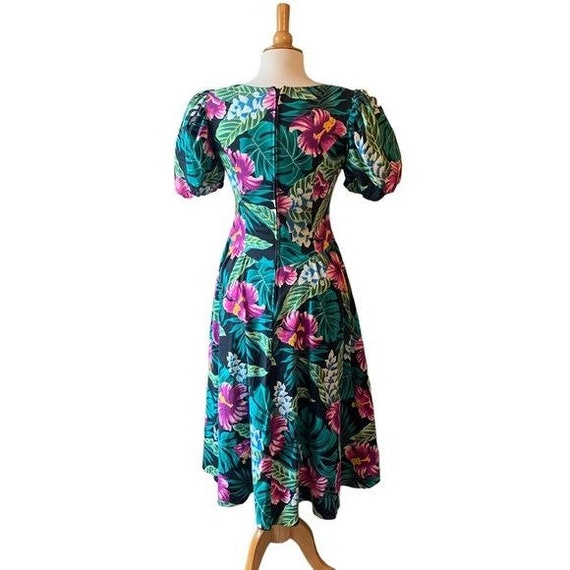 RARE Vintage 1980s Puff Sleeve Midi Hawaiian Dres… - image 6