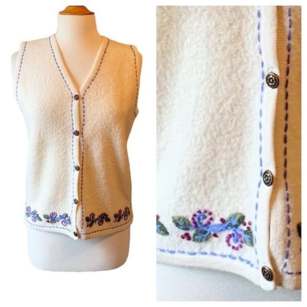 ALPS Wool Cream Lavender Embroidered Sweater Vest - Small