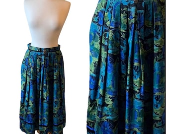 Vintage Alphorn Blue Green Floral Octoberfest Lined Box Pleats Maxi Skirt - Med