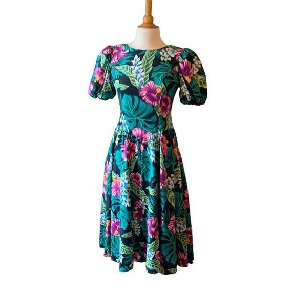 RARE Vintage 1980s Puff Sleeve Midi Hawaiian Dres… - image 4