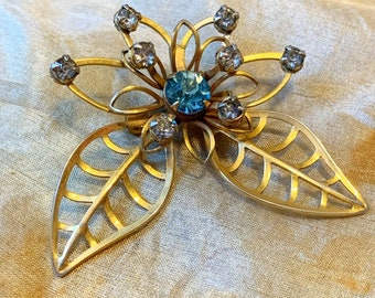 Vintage Gold Metal Rhinestone Floral Pendant Brooch