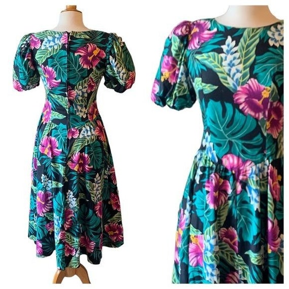 RARE Vintage 1980s Puff Sleeve Midi Hawaiian Dres… - image 5