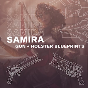 Peut inclure: Illustration numérique d'un plan de pistolet et de holster pour le personnage de jeu vidéo Samira. Le design est délimité en blanc sur un fond rose et violet.