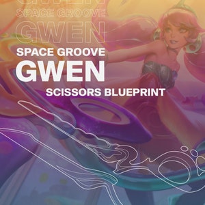 May include: A digital art piece featuring the character Gwen from Space Groove. The image has a vibrant color palette of pink, purple, and yellow. The text includes "SPACE GROOVE", "GWEN", and "SCISSORS BLUEPRINT". A stylized outline of scissors is also present.
