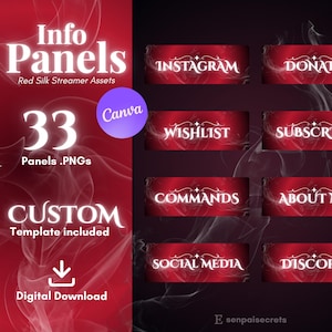 以下が含まれることがあります： 赤色のシルクストリーマーアセットのデジタルダウンロード。画像には、「Instagram」、「Donate」、「Wishlist」、「Subscribe」、「Commands」、「About Me」、「Social Media」、「Discord」などのテキストが表示されたパネルがあります。画像には「Info Panels」と「33 Panels .PNGs」のテキストも含まれています。