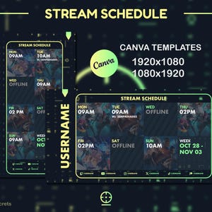 Peut inclure: Un modèle de planning de diffusion numérique vert et jaune pour Twitch ou YouTube. Le modèle comprend un planning hebdomadaire avec les jours de la semaine, les heures et un espace pour un nom d'utilisateur. Le modèle est conçu pour être utilisé avec Canva et comprend les dimensions 1920x1080 et 1080x1920.