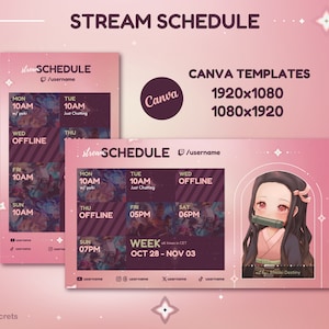 Peut inclure: Un graphique rose et blanc avec un fond rose et des étoiles blanches. Le graphique comporte une boîte violette foncée avec le texte "stream SCHEDULE /username" et un horaire pour la semaine. Le graphique comporte également une boîte rose avec le texte "CANVA TEMPLATES 1920x1080 1080x1920".