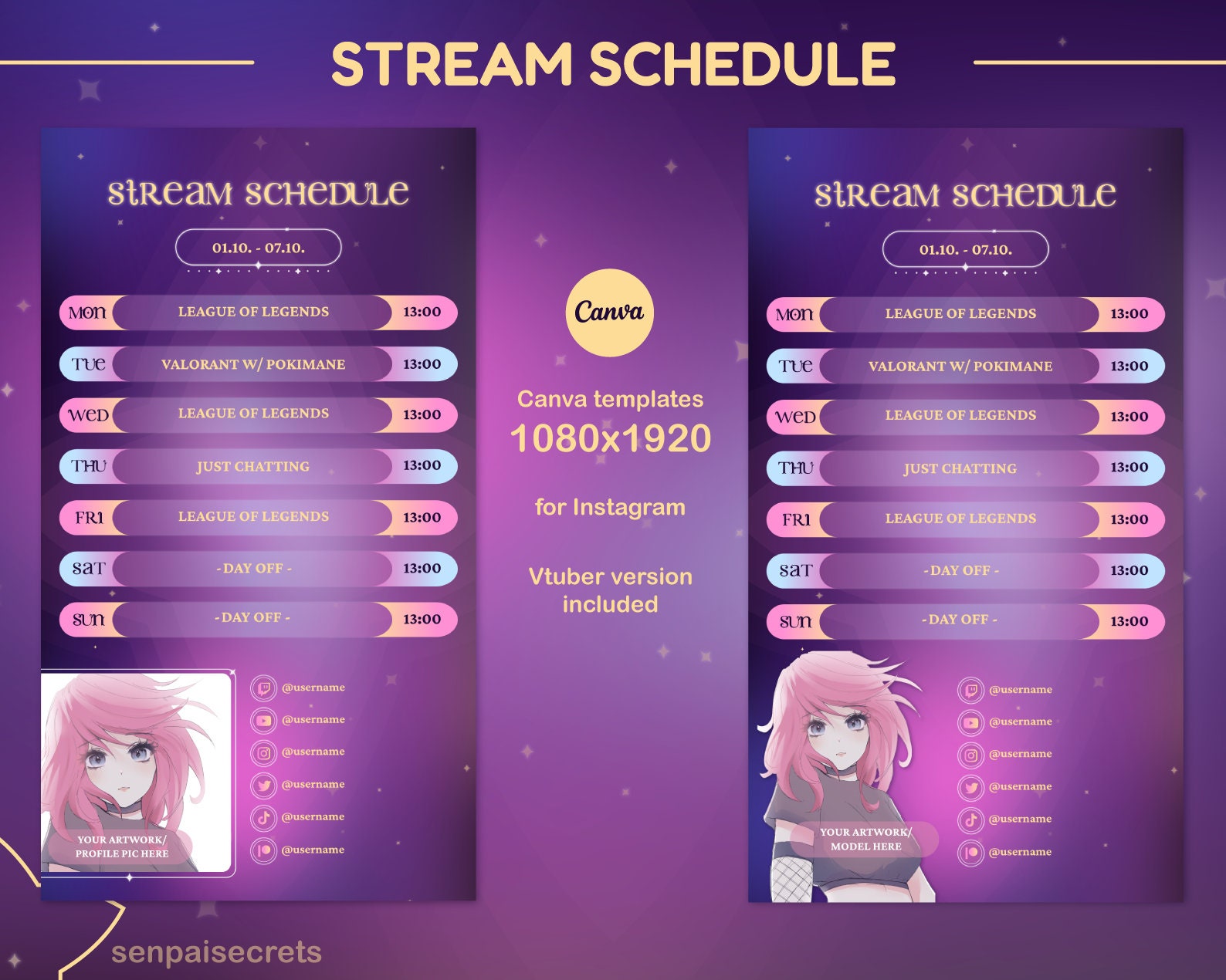 Stream Schedule Dark Star Templates for Canva | Star