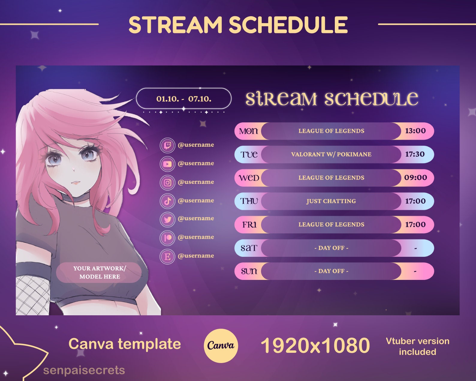 Stream Schedule Dark Star Templates for Canva | Star