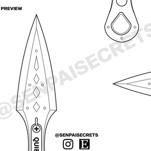 May include: Black and white line art of a dagger with a pointed blade and a handle. The design includes diamond shapes and circular details. The text "ETSY PREVIEW" is at the top left. The Instagram and Etsy logos are at the bottom.