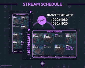 Streamschema Purple Crosshair-sjablonen voor Canva • Wekelijks schema voor streamers en VTubers