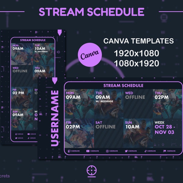 Lila Fadenkreuz Templates für Canva • Wochenplaner für Streamer und VTuber