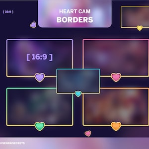 Söta hjärtformade kameraramar | Stream Overlay, 6 färger (digital nedladdning)