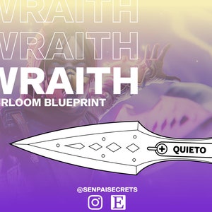 May include: A white line drawing of a blade with the word "QUIETO" on the handle, set against a purple and yellow gradient background. The word "WRAITH" is repeated in white text, with "HEIRLOOM BLUEPRINT" below. Social media handles are at the bottom.