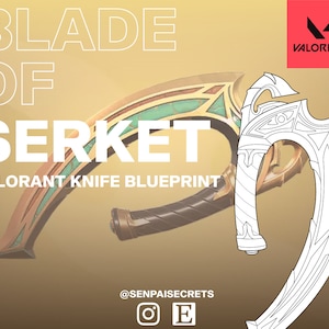 Op de afbeelding: Een blauwdruk van het Blade of Serket mes uit Valorant. De afbeelding toont een gedetailleerde omtrek van het mes naast een gekleurde weergave. De tekst "BLADE OF SERKET" en "VALORANT KNIFE BLUEPRINT" is in het wit weergegeven.