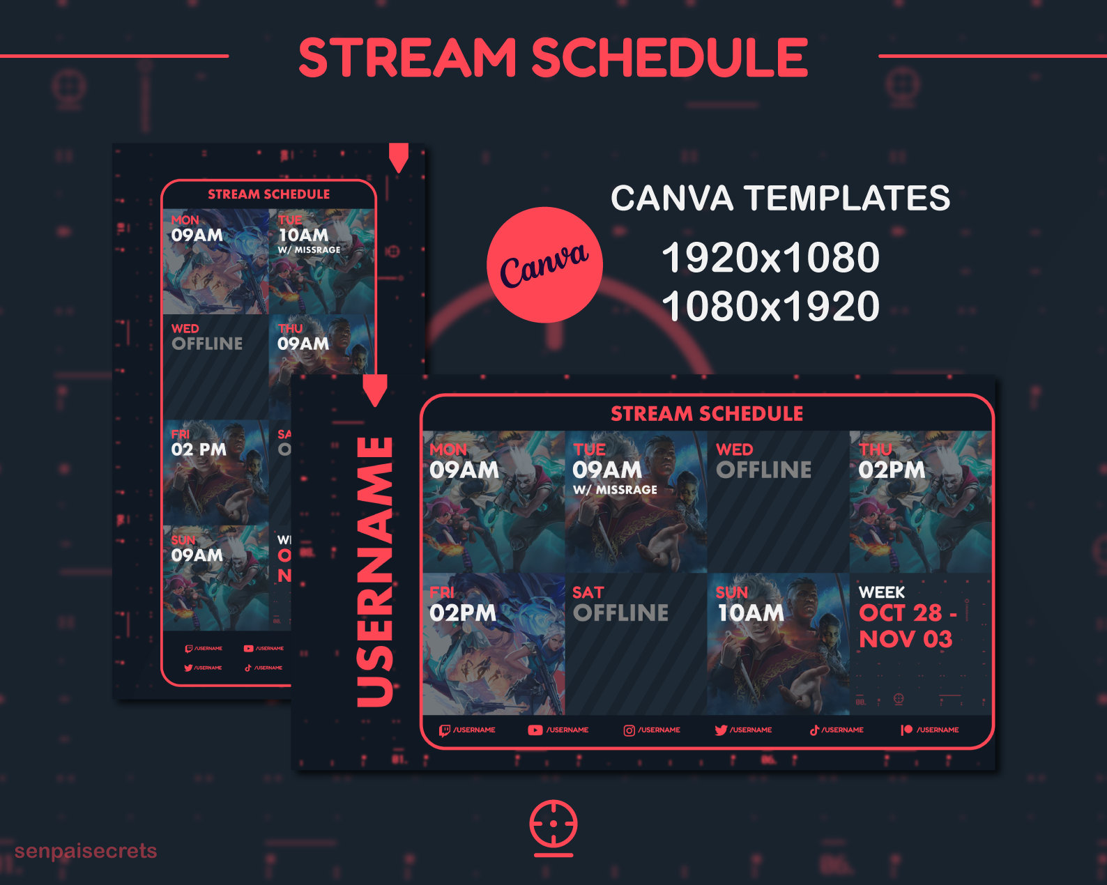 Crosshair-sjablonen voor streamschema's voor Canva | Valorant-thema • Wekelijks schema voor streamers en VTubers