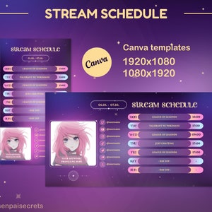 Puede incluir: Fondo degradado morado y rosa con estrellas. Una plantilla digital para un horario de transmisión de Twitch con el texto "Stream Schedule" y un rango de fechas del "01.10. - 07.10.". El horario enumera los días de la semana, las horas y las actividades como "League of Legends", "Valorant w/ Pokimane" y "Just Chatting".