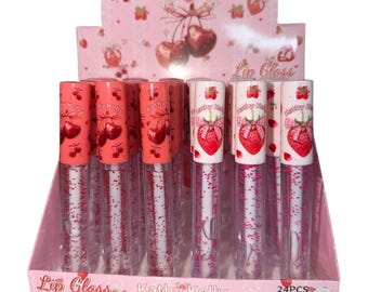 Docena de brillos labiales de fresa / Venta al por mayor de brillos labiales a granel / Proveedor de brillos labiales para negocios / Paquete de brillos labiales con frutas kawaii / Brillo labial hidratante