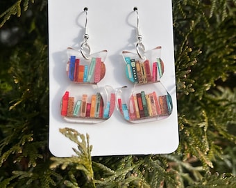 Cat Book Earrings, Cat earrings, Cat lover gift, dangle earrings, Lightweight earring, gift for her, book lover gift, Stocking Stuffer, fun