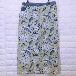 vintage des années 80 en denim midi floral tropical jupe crayon Sz-XL poches taille élastique pastel bleu sauge blanc