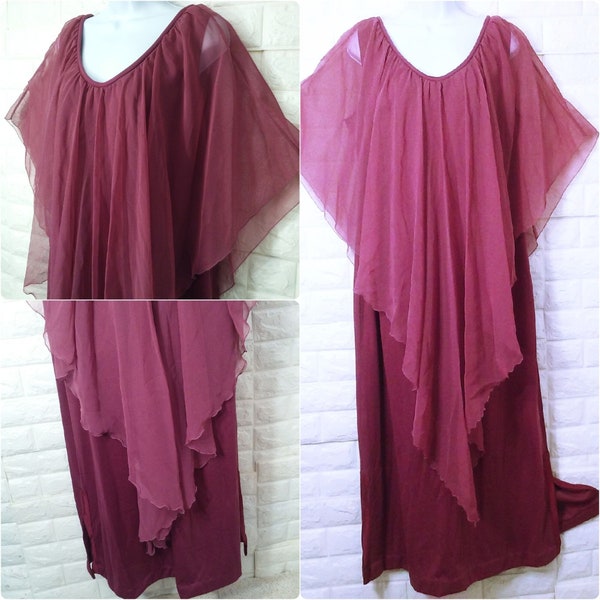 Vintage 60s-70s Maxi Dress Lady-16/18 Chiffon Angelwing Overlay Double-Knit Polyester Side-slits Zip Hostess Entertaining Cocktails Eggplant