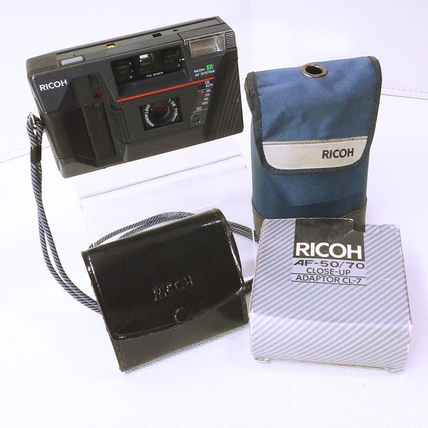 Vintage Camera Set Ricoh AF System 35mm Rikenon Lens PSD Sensor + New in Box 50/70 Close-up Adaptor Two-Cases Ephemera Untested