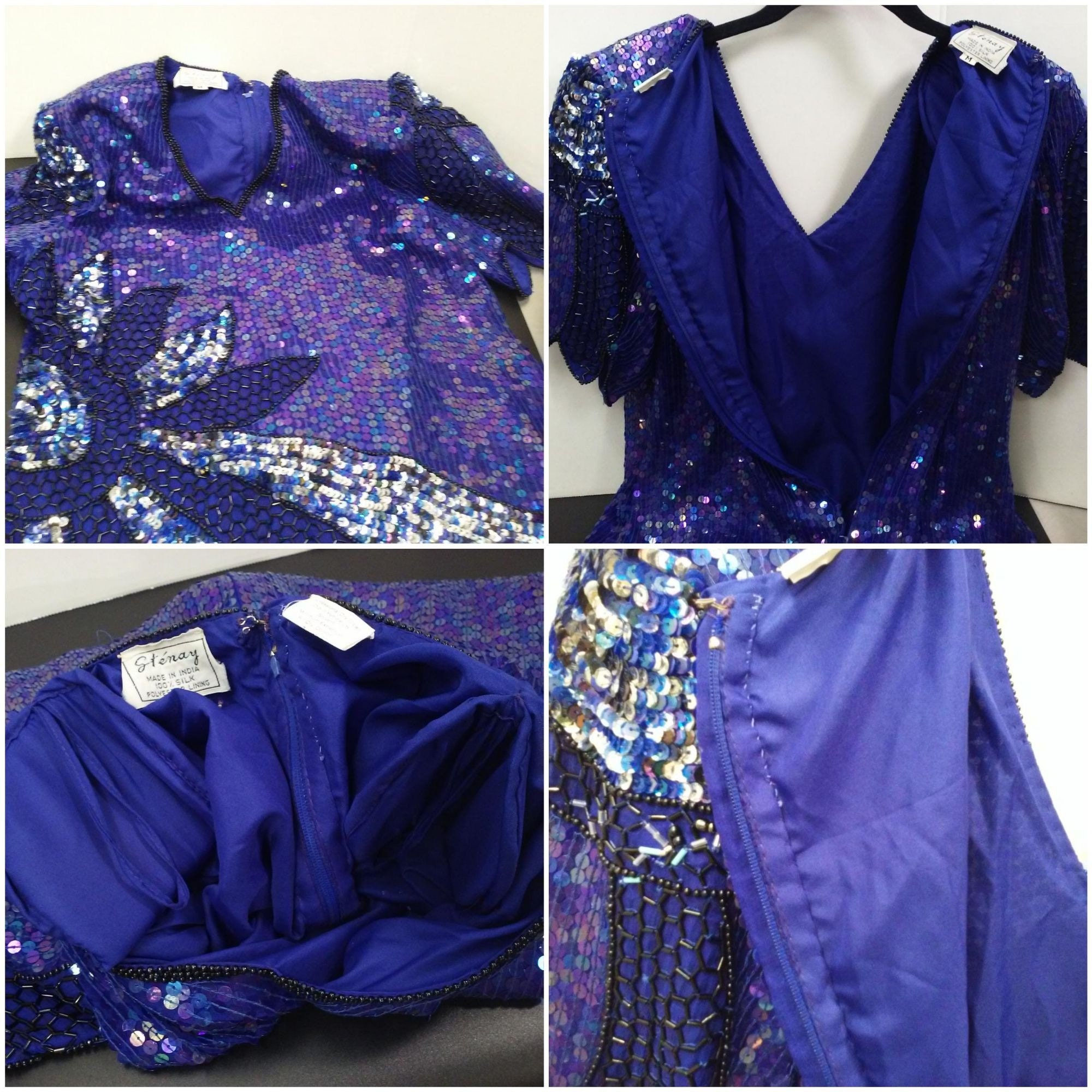 Chemisier Vintage En Soie Stenay - Paillettes, Perles, Motif Fleurs Noir/rose/aqua - Taille M
