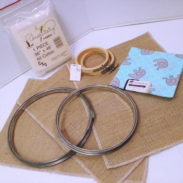 Mixed Assorted Lot of 9 Needlework Supplies Metal Spring Tension + Wooden Screw Hoops 3"-6"-7" with Cotton Fabrics Burlap Hangar Canvas