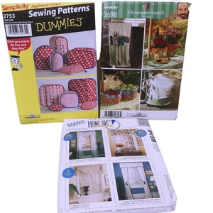 Lot of 3 Sewing Patterns Home Decor Simplicity 3698 Lowell Patio Accents Dummies 2753 Appliance Covers McCalls 9159 Swag Valance New Uncut