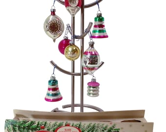 Bundle Lot of 8 Vintage MCM Shiny Brite Christmas Ornaments Double-Indent Stripe Bells Mica Lantern Stencil Ball + Eckhardt Tree Feather Box