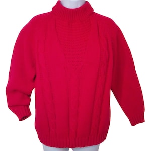 Vintage 70s/80s Designed for Gals Taiwan-Made Chunky Cable Knit Sweater 40(L) Mockneck Acrylic Bright Hot Fuchsia Pink