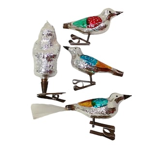 Bundle Lot of 4 Vintage 30s-40s Christmas Ornaments Hand-Blown Mercury Glass Deco Clip-On Santa Mica and Handpainted Birds Spun-Tails