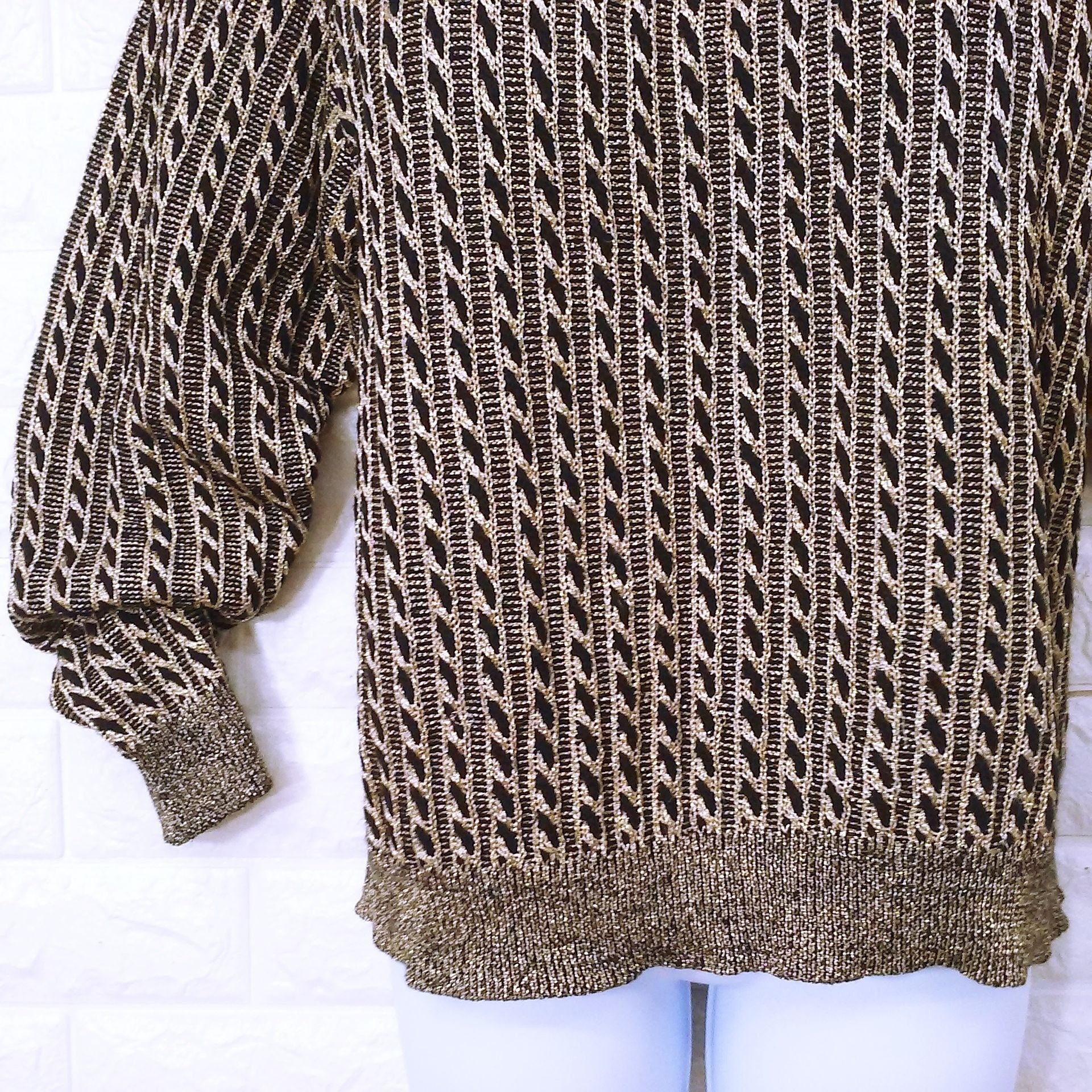Vintage 80s Jeanne Pierre Metallic Cable Knit Sweater Women medium Power Shoulder Lambswool angora Stripey Gold Black Bold Winter Glam Bling Etsy UK